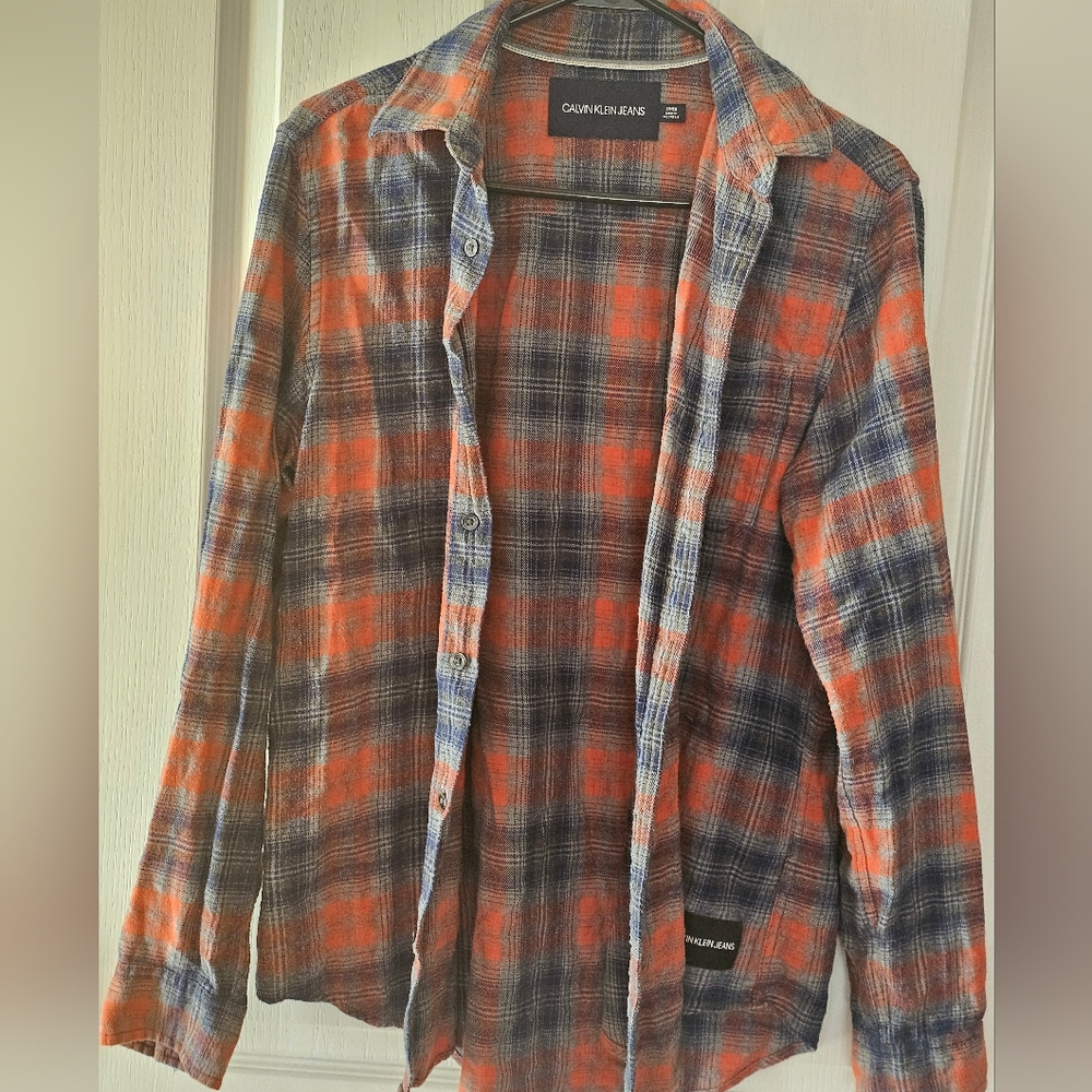 Calvin Klein Men's Casual Plaid Shirt - Orange and Blue